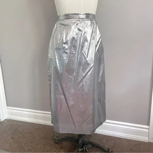 Vintage 70s Silver Metallic Tissue Lamé Lined Midi Party Skirt - M/28-29" - Picture 1 of 9